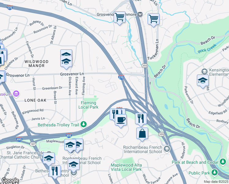 map of restaurants, bars, coffee shops, grocery stores, and more near 5352 Merriam Street in Bethesda
