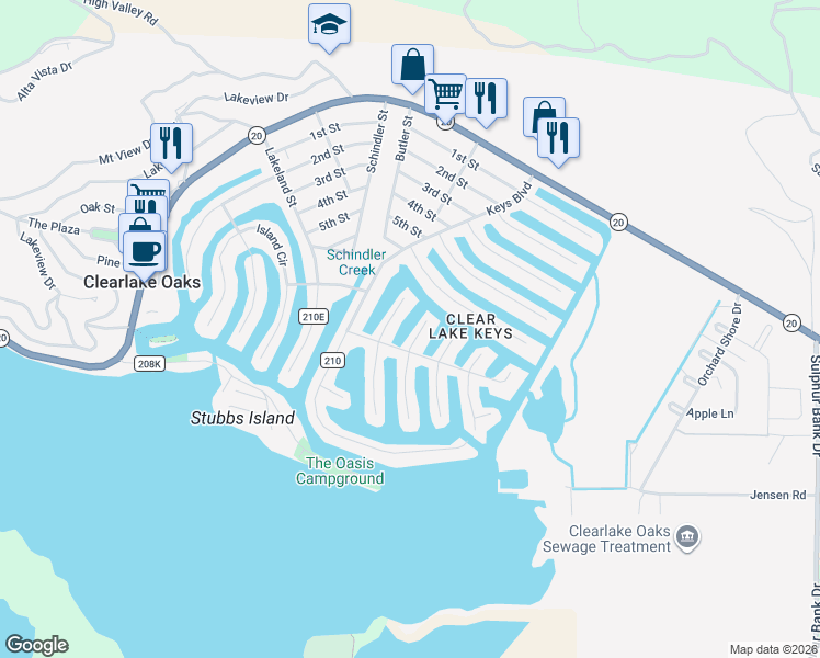 map of restaurants, bars, coffee shops, grocery stores, and more near 601 Bass Lane in Clearlake Oaks