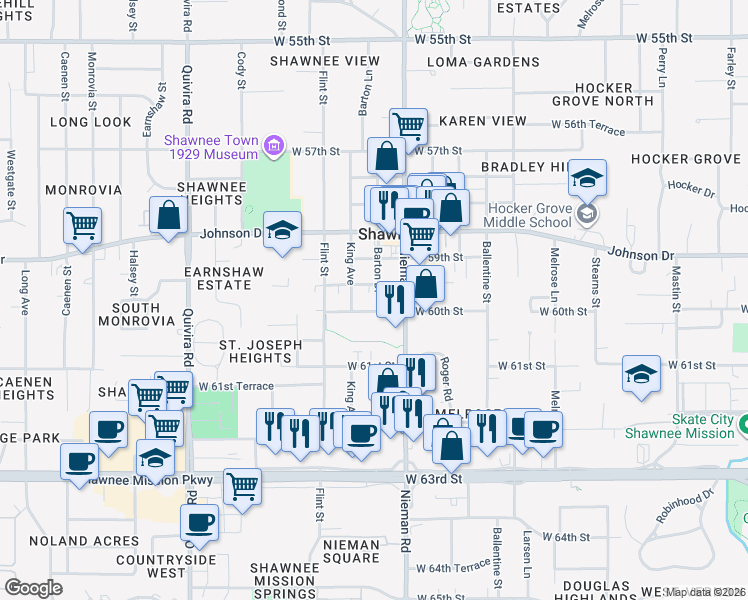 map of restaurants, bars, coffee shops, grocery stores, and more near 11201 West 59th Terrace in Shawnee