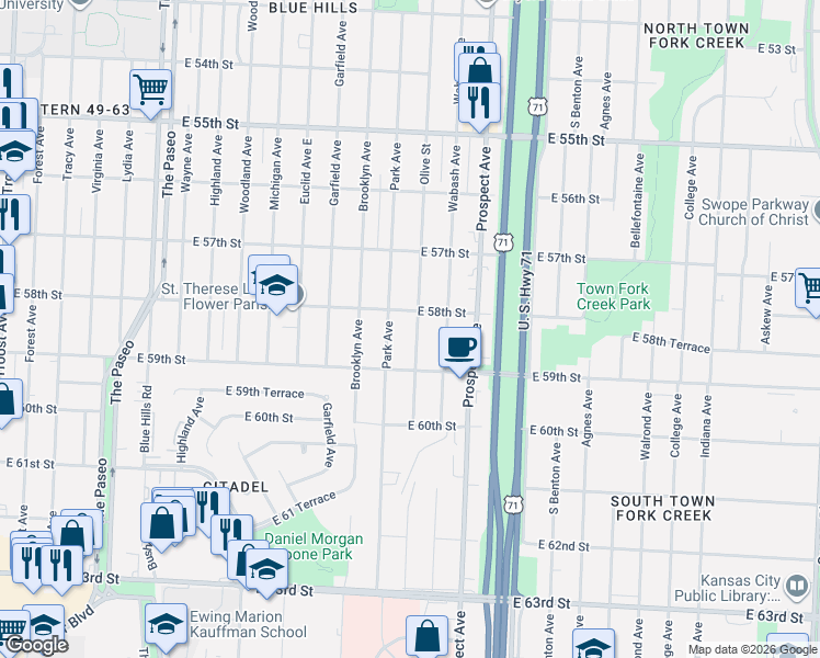 map of restaurants, bars, coffee shops, grocery stores, and more near 5814 Olive Street in Kansas City