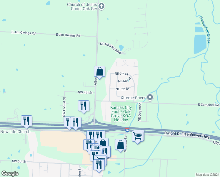 map of restaurants, bars, coffee shops, grocery stores, and more near 502 NE Austin St in Oak Grove