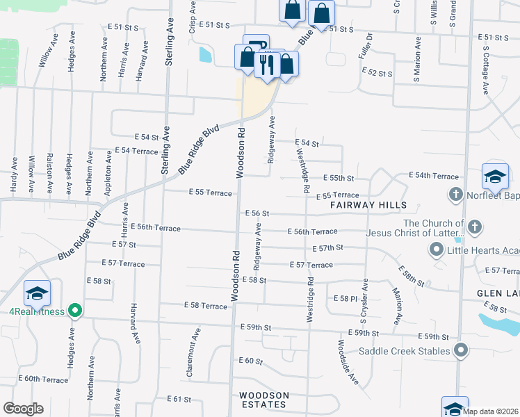map of restaurants, bars, coffee shops, grocery stores, and more near 11712 East 56 Street in Kansas City
