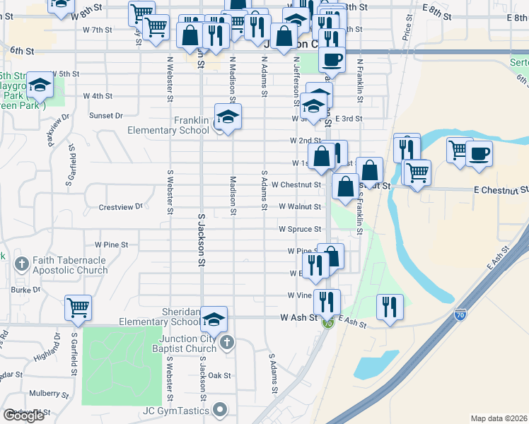 map of restaurants, bars, coffee shops, grocery stores, and more near 324 South Adams Street in Junction City