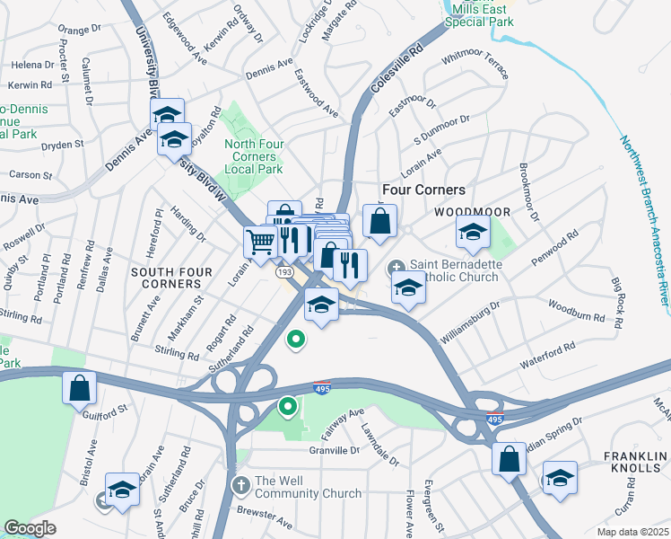 map of restaurants, bars, coffee shops, grocery stores, and more near 10141 Colesville Road in Silver Spring