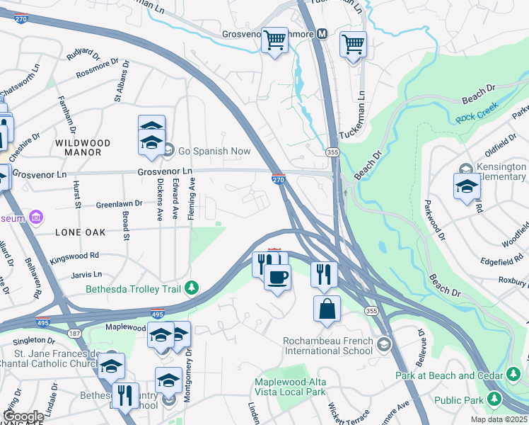 map of restaurants, bars, coffee shops, grocery stores, and more near 5350 Merriam Street in Bethesda