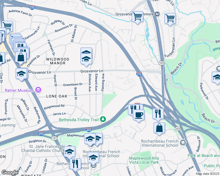 map of restaurants, bars, coffee shops, grocery stores, and more near 151 Winsome Circle in Bethesda