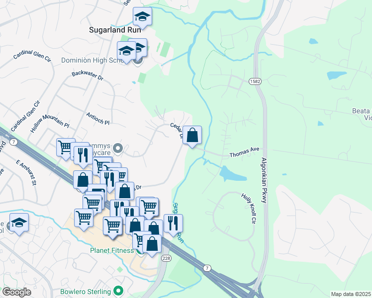 map of restaurants, bars, coffee shops, grocery stores, and more near 134 Lakeland Drive in Sterling