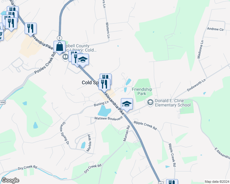 map of restaurants, bars, coffee shops, grocery stores, and more near 403 Downing Street in Cold Spring