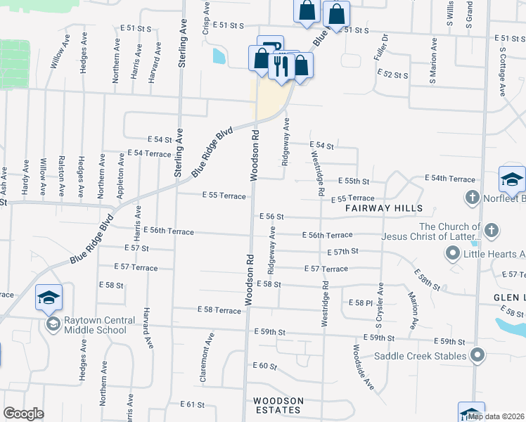 map of restaurants, bars, coffee shops, grocery stores, and more near 11712 East 56 Street in Kansas City