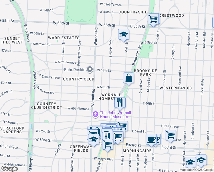 map of restaurants, bars, coffee shops, grocery stores, and more near 5841 Central Street in Kansas City