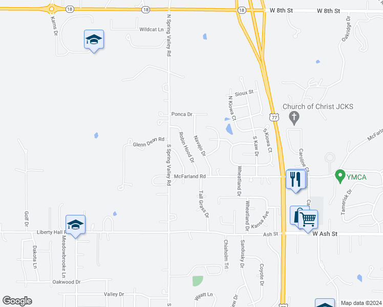 map of restaurants, bars, coffee shops, grocery stores, and more near 309 Robin Hood Drive in Junction City