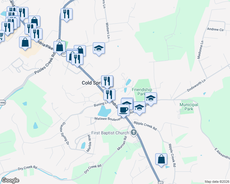 map of restaurants, bars, coffee shops, grocery stores, and more near 403 Downing Street in Cold Spring