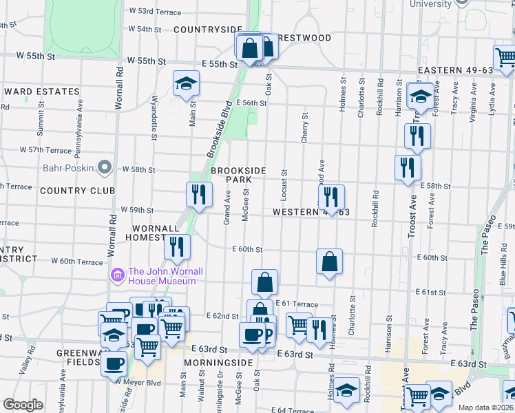 map of restaurants, bars, coffee shops, grocery stores, and more near 5828 Oak Street in Kansas City