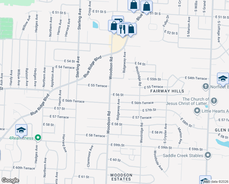 map of restaurants, bars, coffee shops, grocery stores, and more near 11712 East 56 Street in Kansas City