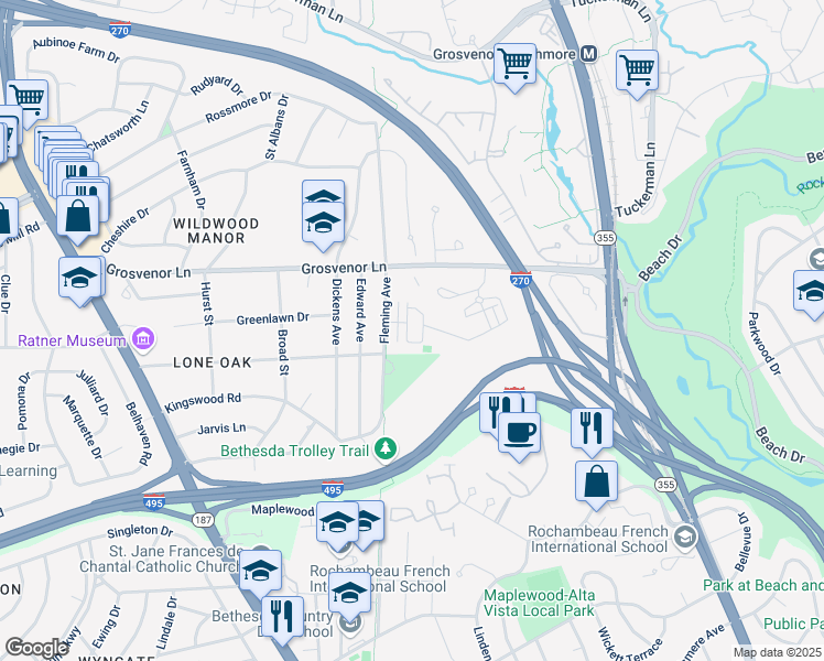 map of restaurants, bars, coffee shops, grocery stores, and more near 153 Winsome Circle in Bethesda