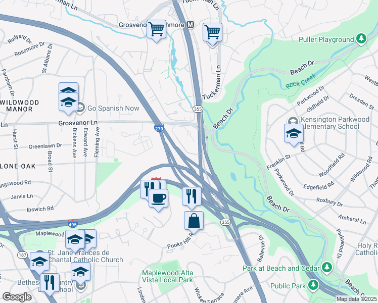 map of restaurants, bars, coffee shops, grocery stores, and more near 5141 King Charles Way in Bethesda