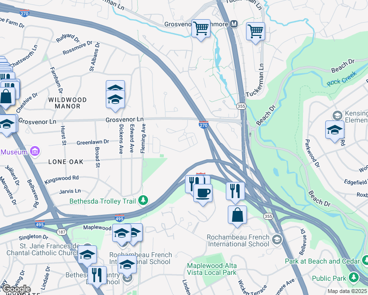map of restaurants, bars, coffee shops, grocery stores, and more near 432 Barlow Place in Bethesda