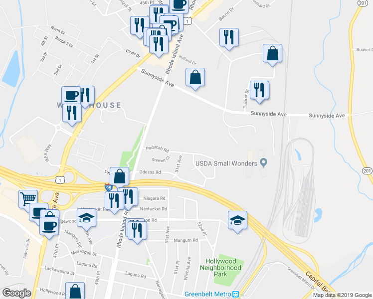 map of restaurants, bars, coffee shops, grocery stores, and more near 5104 Paducah Road in College Park