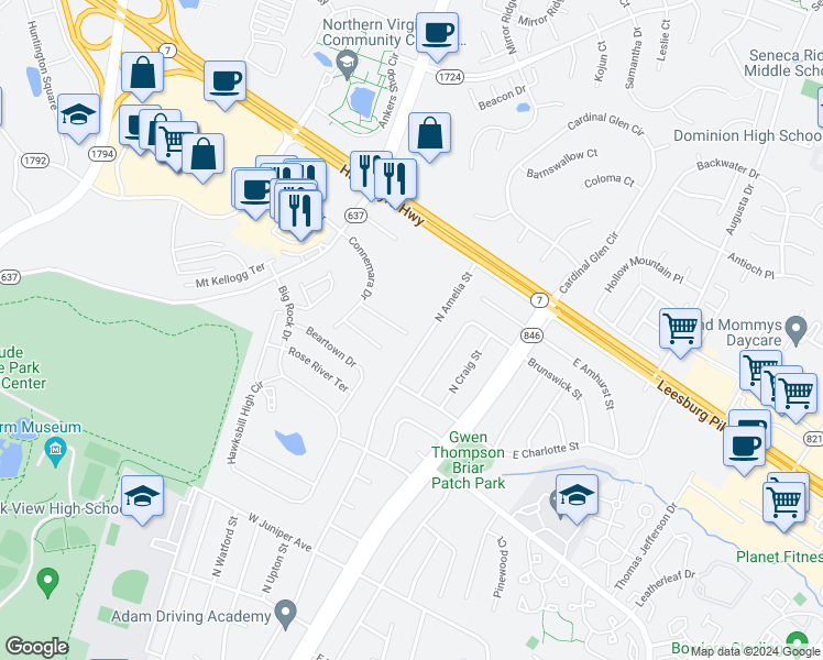 map of restaurants, bars, coffee shops, grocery stores, and more near 214 Edenberry Court in Sterling
