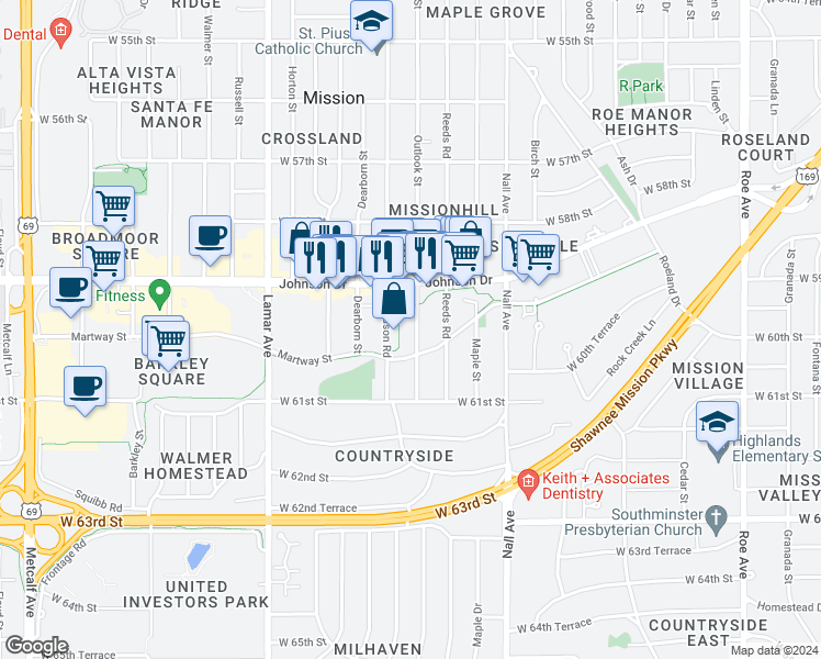map of restaurants, bars, coffee shops, grocery stores, and more near 5934 Outlook Street in Mission
