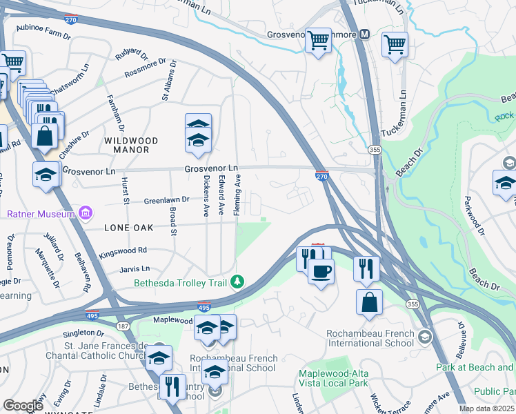 map of restaurants, bars, coffee shops, grocery stores, and more near 127 Winsome Circle in Bethesda