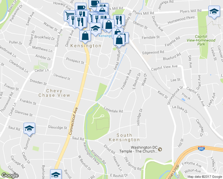 map of restaurants, bars, coffee shops, grocery stores, and more near 10023 Kensington Parkway in Kensington
