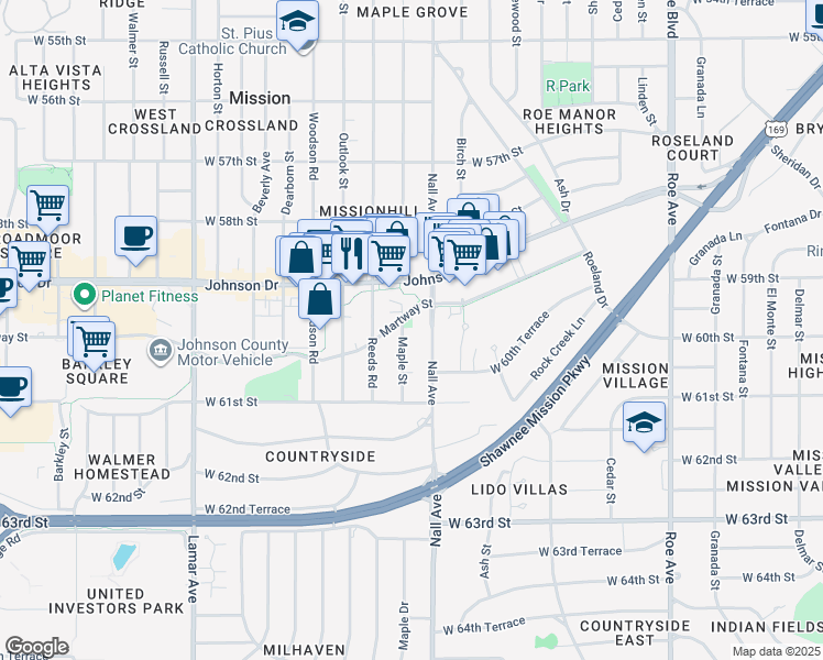 map of restaurants, bars, coffee shops, grocery stores, and more near 5925 Maple Street in Mission