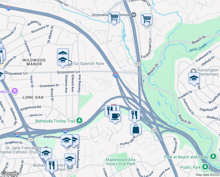 map of restaurants, bars, coffee shops, grocery stores, and more near 5348 Merriam Street in Bethesda