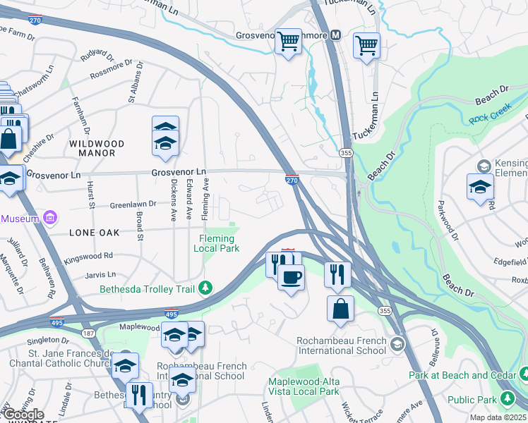 map of restaurants, bars, coffee shops, grocery stores, and more near 428 Barlow Place in Bethesda