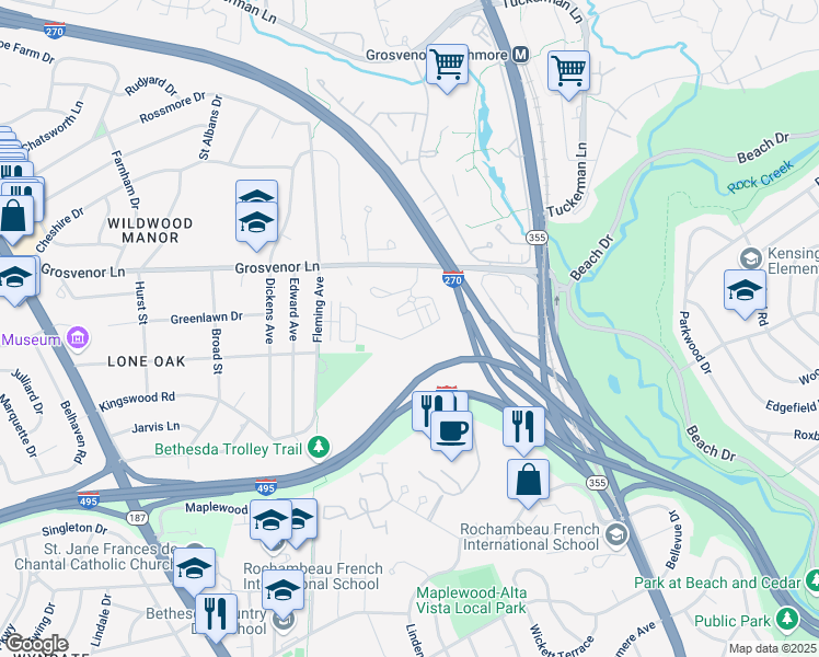 map of restaurants, bars, coffee shops, grocery stores, and more near 430 Barlow Place in Bethesda