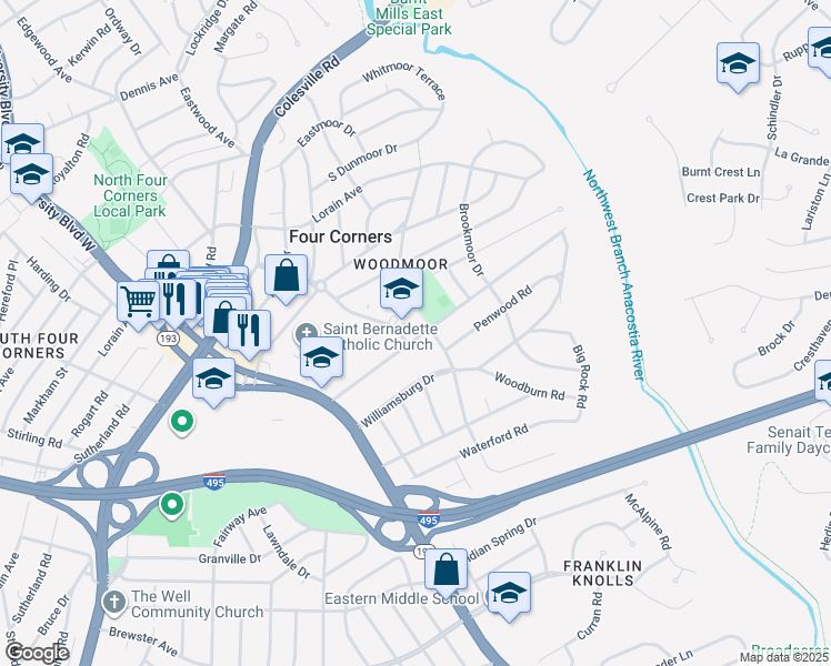 map of restaurants, bars, coffee shops, grocery stores, and more near in Silver Spring