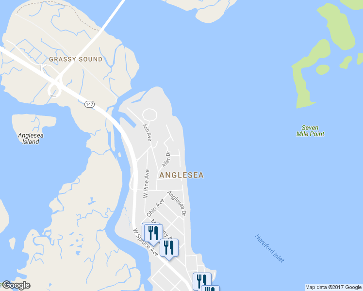 map of restaurants, bars, coffee shops, grocery stores, and more near 108 West Marina Court in North Wildwood