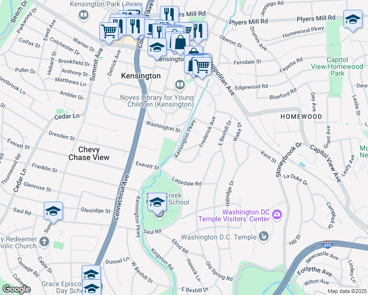 map of restaurants, bars, coffee shops, grocery stores, and more near 10023 Kensington Parkway in Kensington