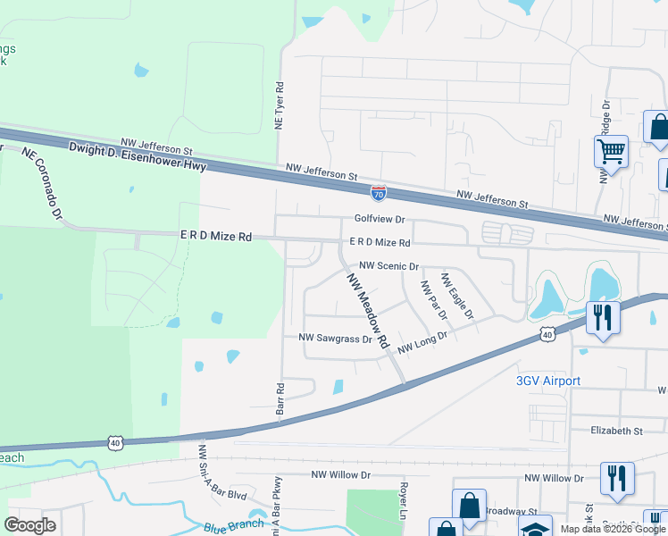 map of restaurants, bars, coffee shops, grocery stores, and more near 1307 Valley Woods Court in Grain Valley