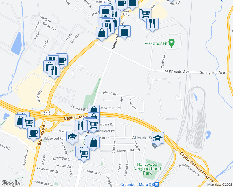 map of restaurants, bars, coffee shops, grocery stores, and more near 5020 Paducah Road in College Park
