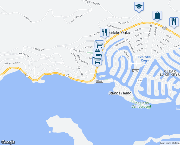 map of restaurants, bars, coffee shops, grocery stores, and more near 12500 Shady Lane in Clearlake Oaks