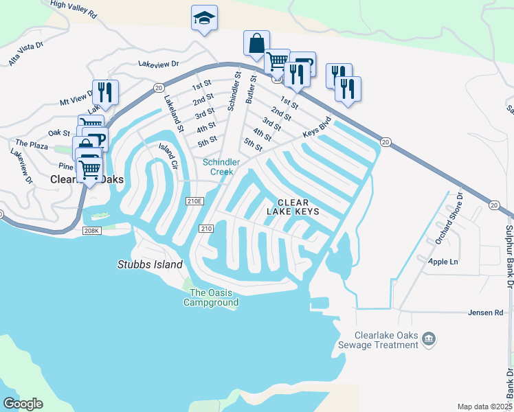 map of restaurants, bars, coffee shops, grocery stores, and more near 574 Bass Lane in Clearlake Oaks
