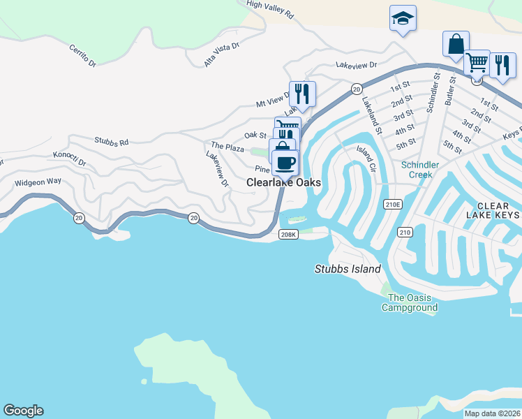 map of restaurants, bars, coffee shops, grocery stores, and more near 12500 Shady Lane in Clearlake Oaks