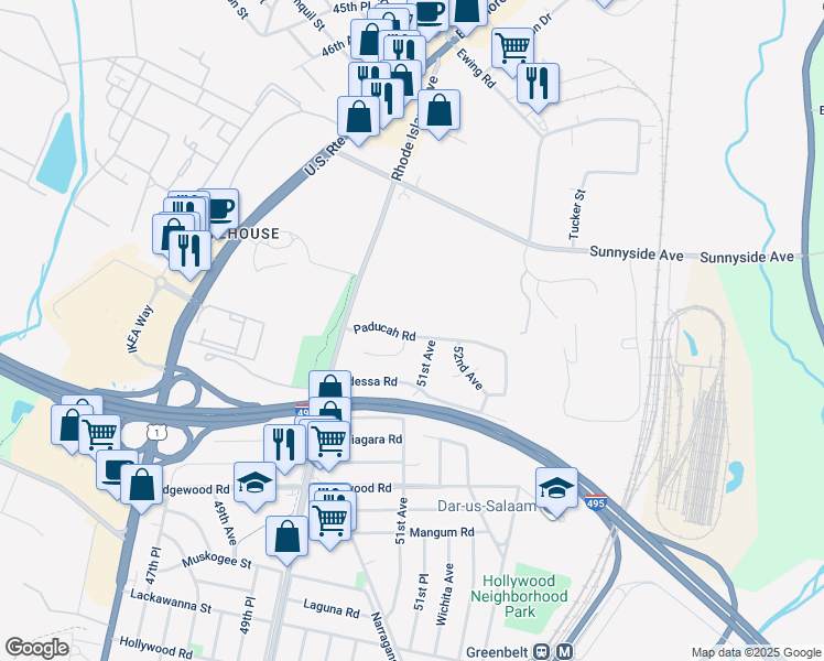 map of restaurants, bars, coffee shops, grocery stores, and more near 5020 Paducah Road in College Park