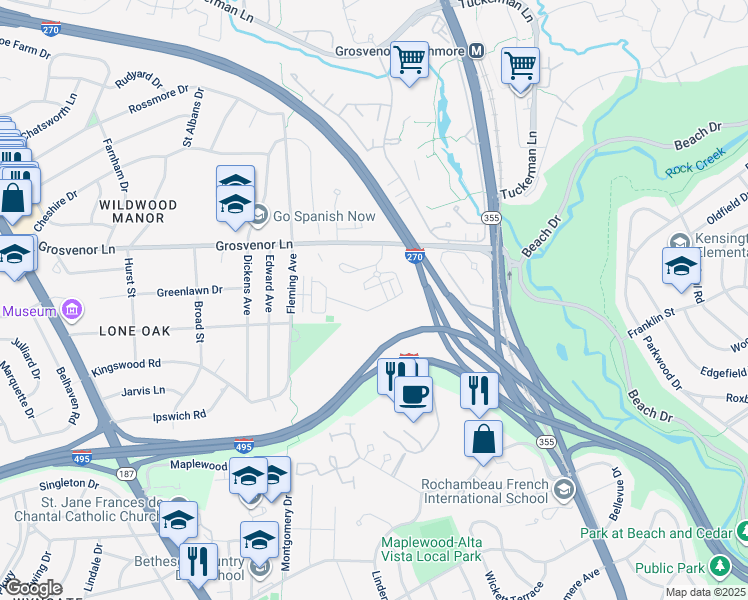 map of restaurants, bars, coffee shops, grocery stores, and more near 430 Barlow Place in Bethesda
