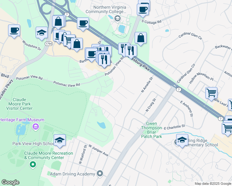 map of restaurants, bars, coffee shops, grocery stores, and more near 124 Connemara Drive in Sterling