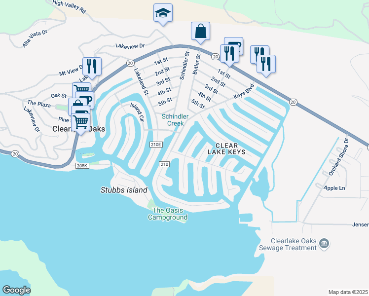 map of restaurants, bars, coffee shops, grocery stores, and more near 578 Spinnaker Court in Clearlake Oaks
