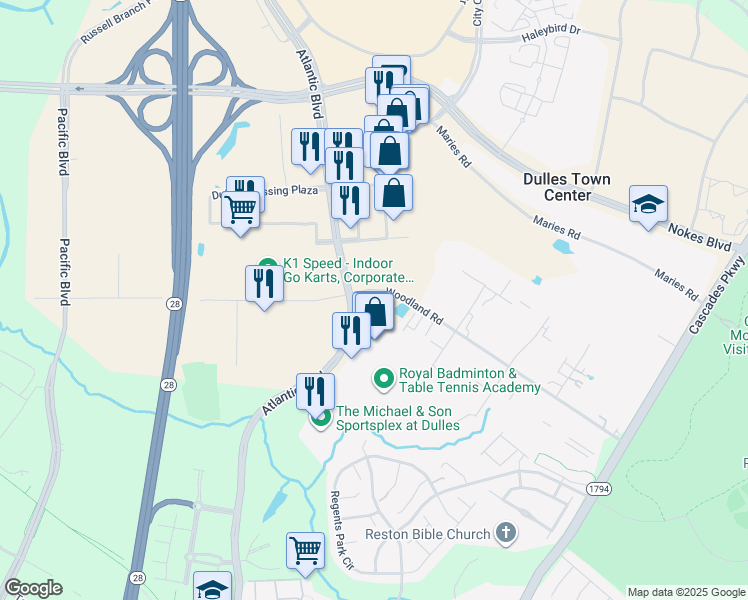 map of restaurants, bars, coffee shops, grocery stores, and more near 45601 Woodland Road in Sterling