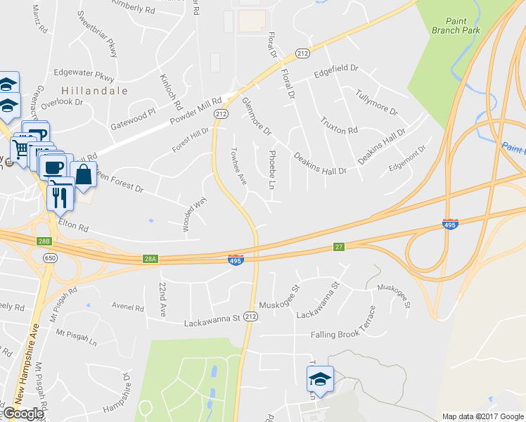 map of restaurants, bars, coffee shops, grocery stores, and more near 10104 Vireo Street in Adelphi