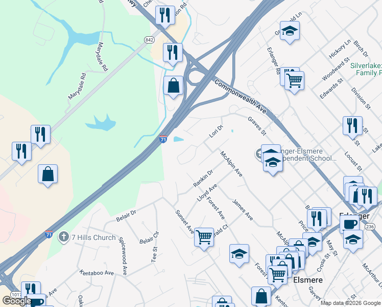 map of restaurants, bars, coffee shops, grocery stores, and more near 3906 Lori Drive in Erlanger