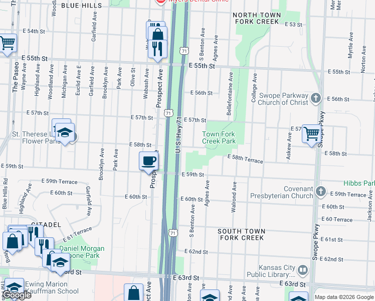 map of restaurants, bars, coffee shops, grocery stores, and more near 2817 East 58th Street in Kansas City