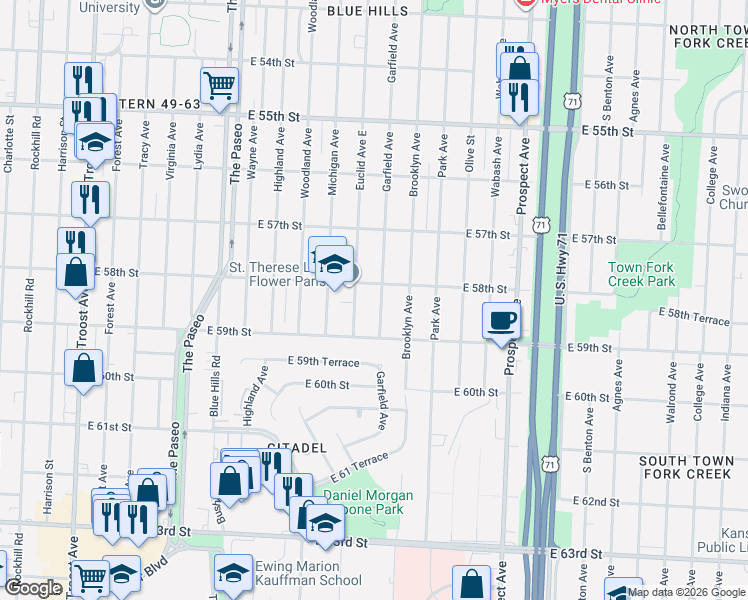 map of restaurants, bars, coffee shops, grocery stores, and more near 5804 Garfield Avenue in Kansas City