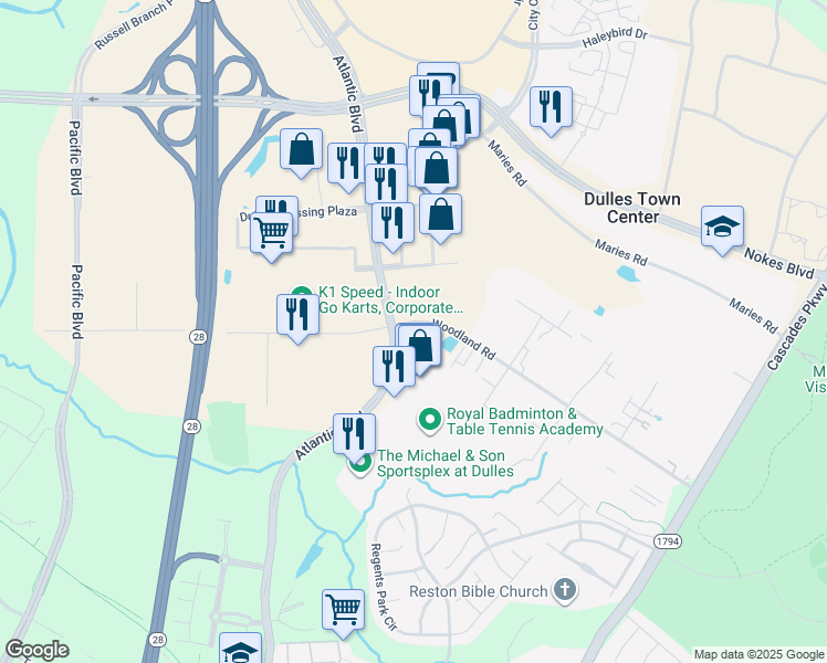 map of restaurants, bars, coffee shops, grocery stores, and more near 45601 Woodland Road in Sterling