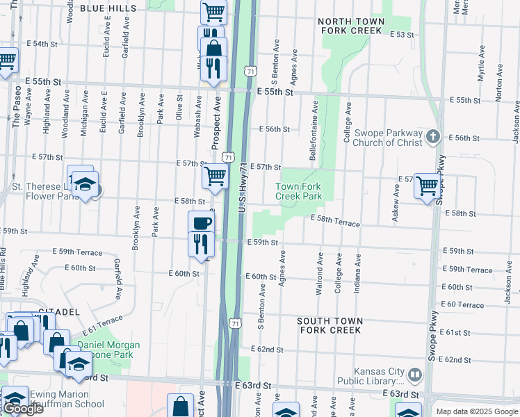map of restaurants, bars, coffee shops, grocery stores, and more near 2817 East 58th Street in Kansas City