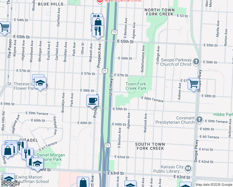 map of restaurants, bars, coffee shops, grocery stores, and more near 2817 East 58th Street in Kansas City